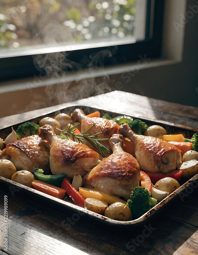 Delicious freshly roasted chicken legs with colorful vegetables served on a baking tray steaming