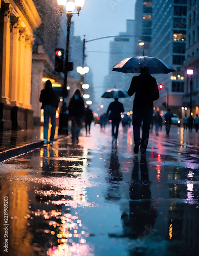 People walking with umbrellas on a wet city street during a rainy evening with reflections on the pavement