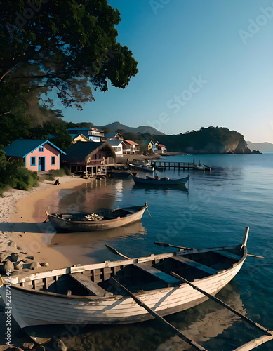 Serene coastal village scene with traditional wooden boats resting on a sandy beach near clear blue water under a sunny sky