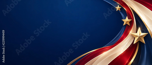 Veterans Day patriotic background with navy copy space and sweeping red, ivory and gold bands beside dimensional stars, providing a panoramic layout for retail appreciation offers and promotions.