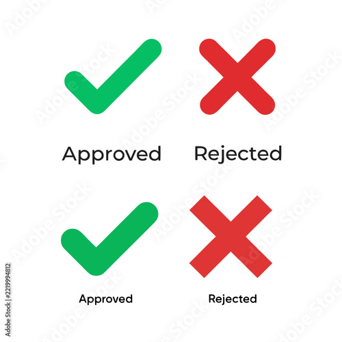 Green Tick and Red X Flat Symbols Showing Approved and Rejected Status, Correct and Incorrect Choices for Business and UI Design