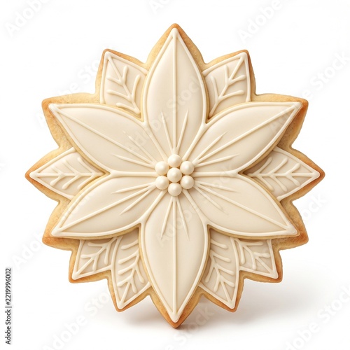 Elegant Poinsettia Flower Sugar Cookie with Ivory Royal Icing Details.