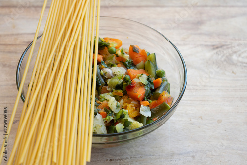 Vegetable minestrone mixture with spaghetti