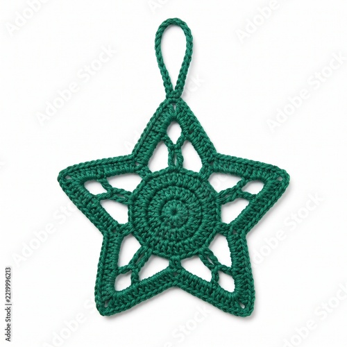 Emerald Green Handmade Crochet Star Ornament with Braided Hanging Loop.