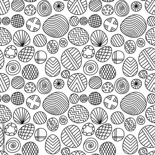 A seamless doodle pattern featuring hand drawn geometric circles and pebble shapes in a black and white vector design.