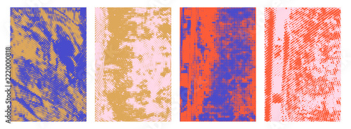Retro punk halftone texture vector poster background set in purple, gold, pink, orange. Distressed dot pattern with rough print effect. Colorful grunge overlay urban collage aesthetic design