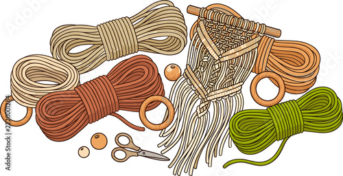 Macrame craft supplies set with cotton cord rope skeins wooden rings beads and wall hanging art illustration