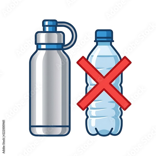 Reusable Metal Water Bottle Versus Single-Use Plastic Bottle Illustration