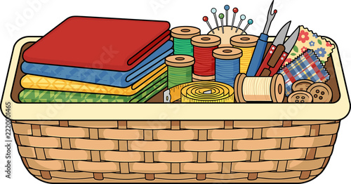 Sewing basket with fabric, spools of thread, pins, scissors, tape measure, and buttons