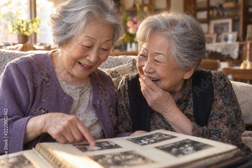 Two Elderly Women Sharing Joyful Moments Over Photo Album