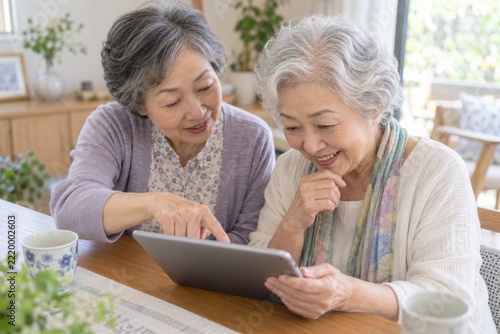Two Senior Women Enjoying Time Together while Using Tablet Device