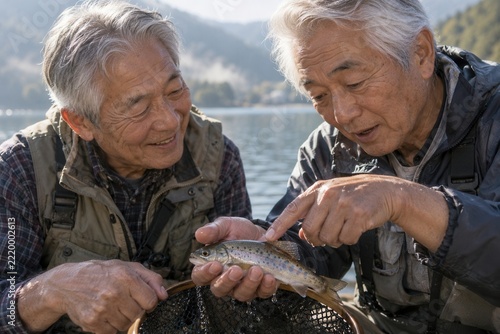 Two Elderly Men Enjoying Fishing Together by a Peaceful Lake