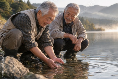 Joyful Elders Enjoying Nature by the Lake During a Sunny Day