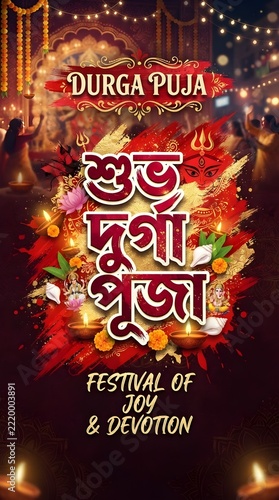 Durga puja festival poster with traditional bengali calligraphy and lights