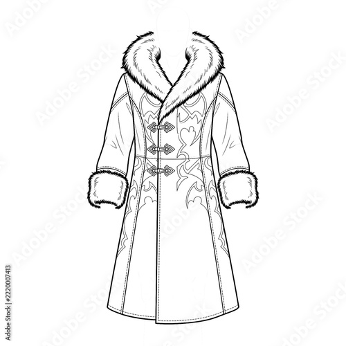 Hand drawn sketch of men's medieval fur-lined caftan isolated. Anime line art.