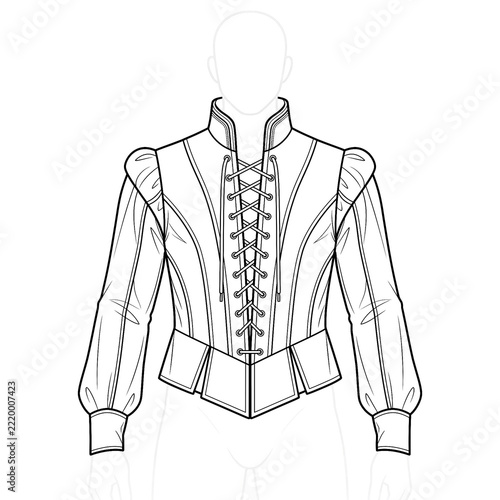 Hand drawn sketch of men's medieval velvet doublet isolated. Anime line art.