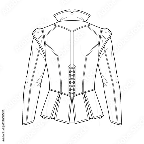 Hand drawn sketch of men's medieval velvet doublet back view. Anime line art.
