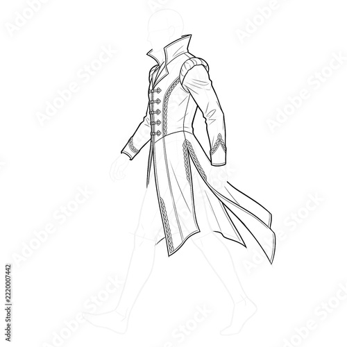 Hand drawn sketch of men's medieval velvet doublet walking pose. Anime line art.