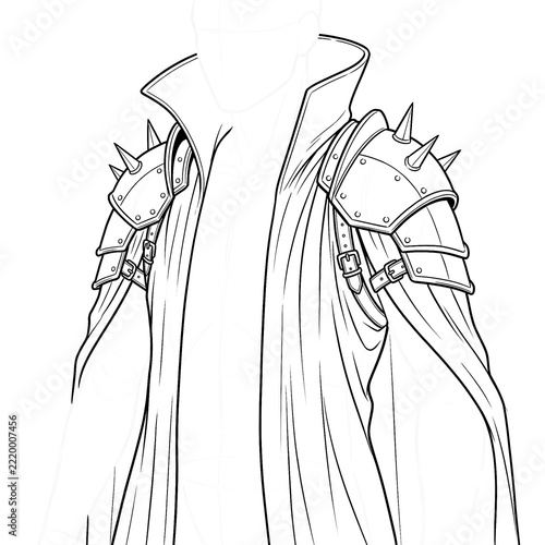 Hand drawn sketch of medieval armor pauldrons over robe 3/4 view. Anime line art.