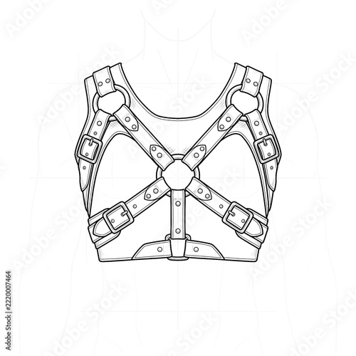 Hand drawn sketch of medieval leather chest harness isolated. Anime line art.