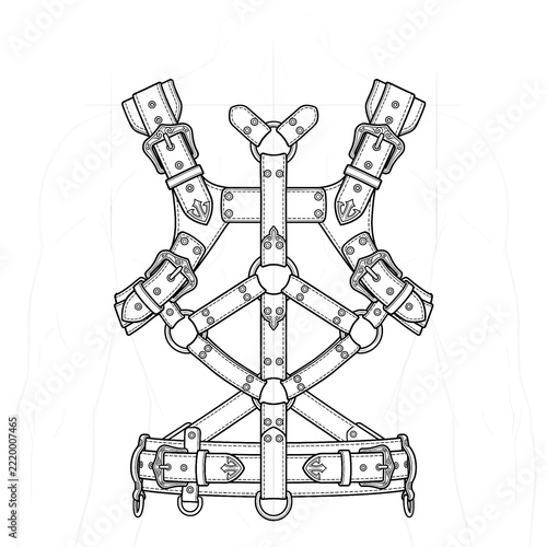 Hand drawn sketch of medieval leather chest harness back view. Anime line art.