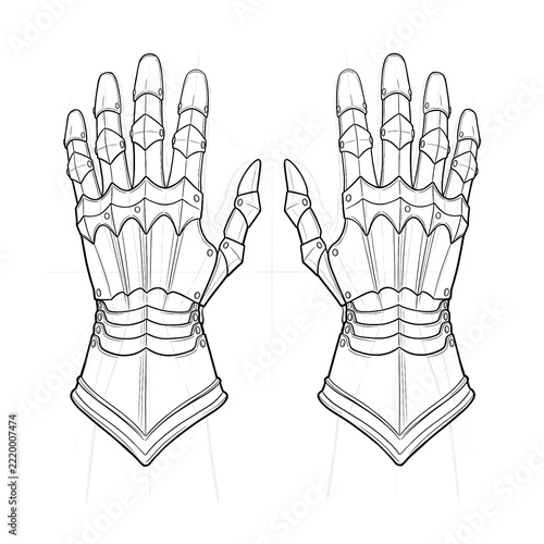 Hand drawn sketch of medieval armor gauntlets on hands. Anime line art.