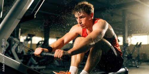 hyrox workout race concept. Young man working out intensely on a rowing machine in a gym with sweat and determination.