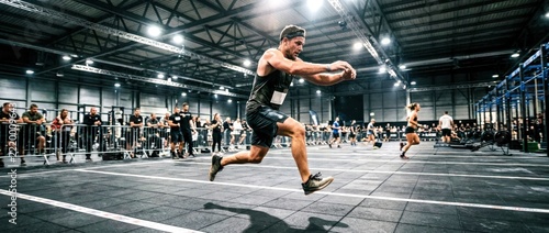 hyrox workout race concept. Athlete performing a broad jump in a spacious industrial-style gym filled with fitness equipment and people training.