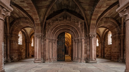 Ancient Abbey Cloister Architecture with Arches and Open Doorway