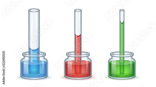 Three clear glass jars with colored liquids and measuring tubes illustrating varying fluid levels for scientific analysis