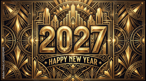 Art Deco style 2027 New Year greeting card design featuring a black and gold geometric pattern with the numbers 