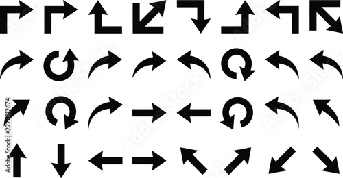 Set of black vector arrow icons including curved, angled, circular, and directional pointer symbols
