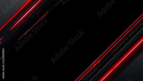 Modern black and red abstract gaming background template with neon light lines and carbon fiber texture for sports banner