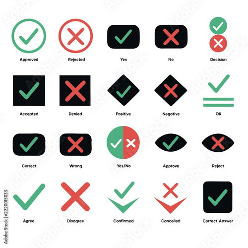 Green Checkmark and Red X Mark Collection for Correct Wrong Answers, Yes No Selection, Approved Rejected Status and Decision Concept