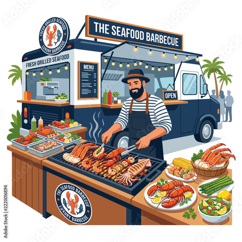 Seafood Barbecue Food Truck with Chef Grilling Lobster and Shrimp