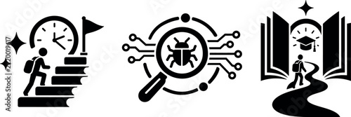 Time management debugging and graduation icons represent progress and achievement