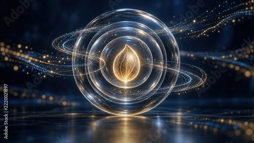 Abstract glass sphere with a glowing golden leaf inside, concentric transparent circles and golden light orbits with particles on a dark blue background, concept of energy, growth and innovation