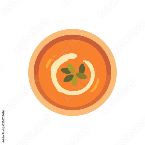 Pumpkin soup icon with cream swirl and seed garnish, flat illustration