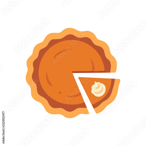 Pumpkin pie icon with crimped crust and a cut slice, flat illustration