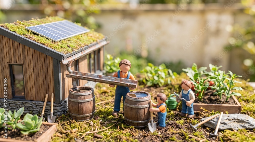 Obraz premium Miniature garden scene with a sustainable house, figurines, and green roof.
