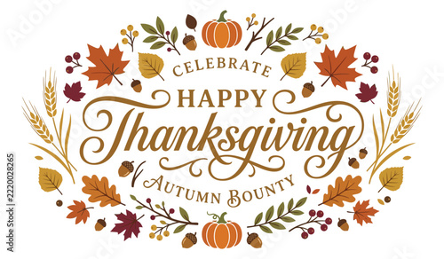 Celebrate happy thanksgiving oval frame with autumn elements and foliage.