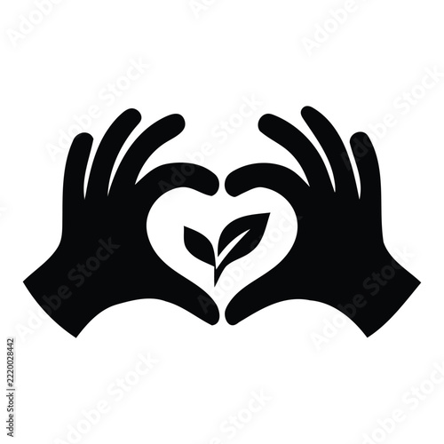 Hands forming heart shape around green leaf vector logo templates.