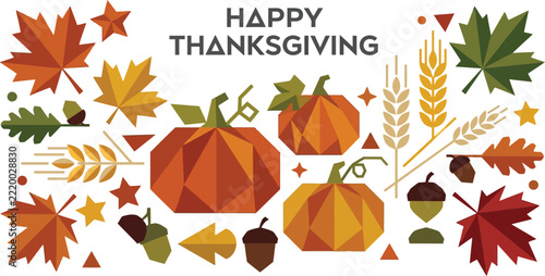 happy thanksgiving geometric design with pumpkins and autumn leaves.