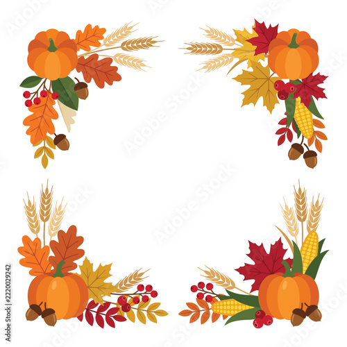 Thanksgiving corner borders with pumpkins, fall leaves, and wheat.