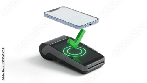 Secure mobile payment transaction using smartphone and POS terminal with successful green checkmark confirmation