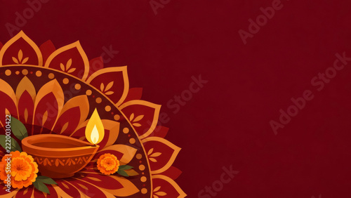 Diwali illustration background with terracotta diya, flame and radial rangoli floral motif on burgundy field, marigold decoration framing copy space for celebration invitations and event banners