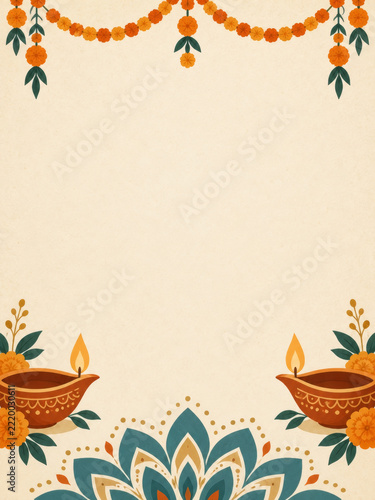 Diwali invitation illustration with diya lamps, marigold garland and teal rangoli motif on ivory background, floral decoration framing copy space for festive celebration and event announcements
