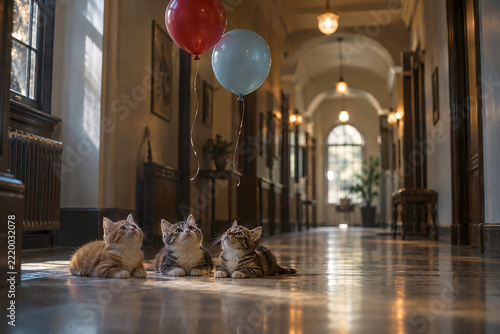 cats sitting in hallway looking at balloons