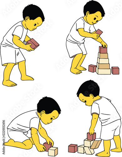 Little Boy Playing with Building Toy Blocks Set | Toddler Early Education Vector Illustration