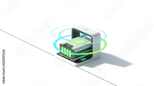 Isometric 3D illustration of a futuristic wireless battery charging station dock with glowing energy ring